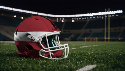An American football helmet with the Latvia flag design sits on a field at night, under stadium lights