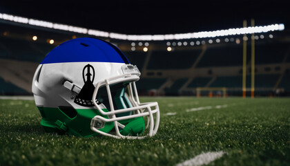 An American football helmet with the Lesotho flag design sits on a field at night, under stadium lights