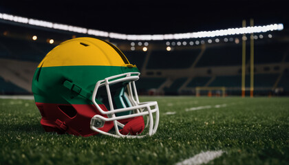 An American football helmet with the Lithuania flag design sits on a field at night, under stadium lights