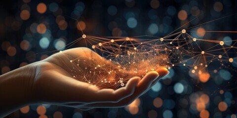 Hand holding of global data network, Big data visualization of futuristic and block chain, Financial analysis, social network of databases