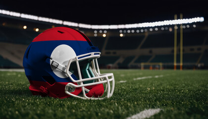 An American football helmet with the Laos flag design sits on a field at night, under stadium lights