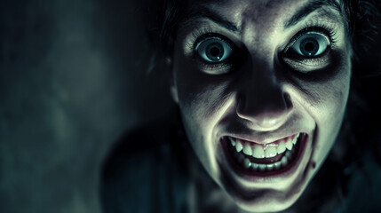 Obraz premium Frightened Woman with Wide Eyes in Dim Light