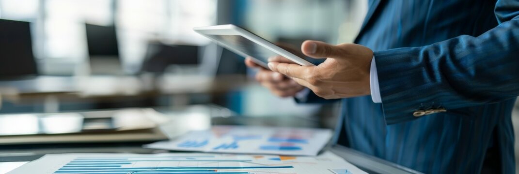 Businessman writing on a transparent board with financial graphs and charts. Concept of strategic planning and data analysis. Ideal for business growth and financial presentations