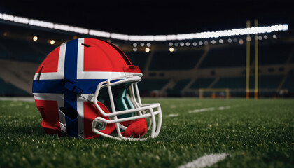 An American football helmet with the Norway flag design sits on a field at night, under stadium lights
