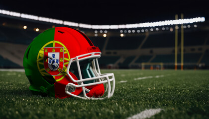 An American football helmet with the Portugal flag design sits on a field at night, under stadium lights