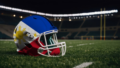An American football helmet with the Philippines flag design sits on a field at night, under stadium lights