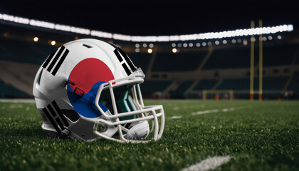 An American football helmet with the Republic of Korea flag design sits on a field at night, under stadium lights