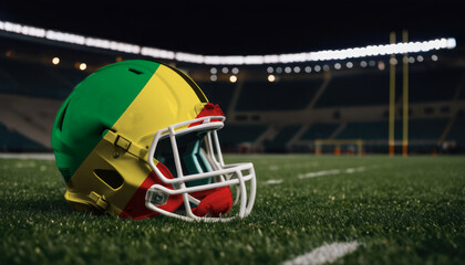 An American football helmet with the Republic of the Congo flag design sits on a field at night, under stadium lights