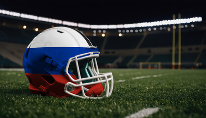 An American football helmet with the Russia flag design sits on a field at night, under stadium lights