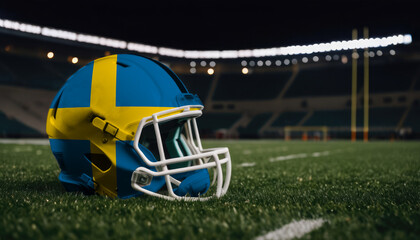 An American football helmet with the Sweden flag design sits on a field at night, under stadium lights