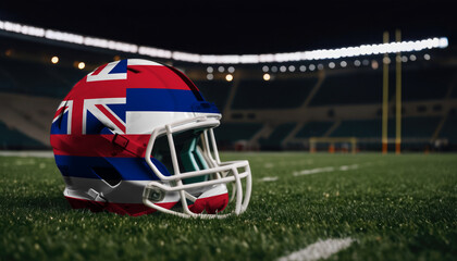 An American football helmet with the Hawaii flag design sits on a field at night, under stadium lights