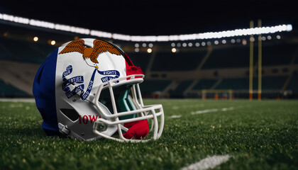 An American football helmet with the Iowa flag design sits on a field at night, under stadium lights