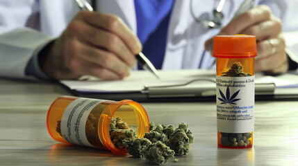 Close up view of an open bottle of medical cannabis on the table with background of a doctor writing on paper, a medical prescription, marijuana, leaf, ganja, herb, medical, recreational, drug, hemp, 