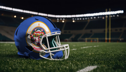 An American football helmet with the Minnesota flag design sits on a field at night, under stadium lights