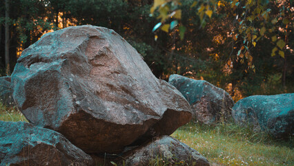 Huge stones, boulders lie in the forest park