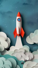Fototapeta premium Rocket launching through paper clouds in a starry night sky, whimsical and playful illustration
