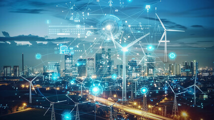 screen where a wind power farm or energy power factory is operated and controlled