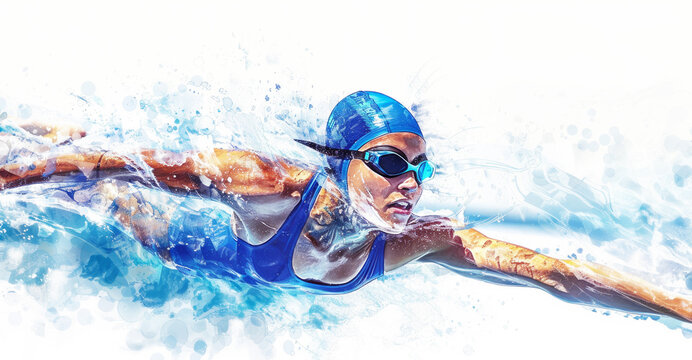 Swimming Sport Woman Painting Banner Isolated on White Background with Copy Space