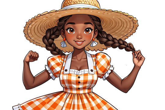 Menina morena caipira com chap&eacute;u de palha festa junina country