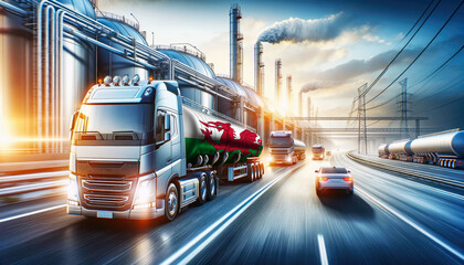 Modern tanker trucks, one showcasing the Wales flag, journey from a refinery, signifying fuel distribution.