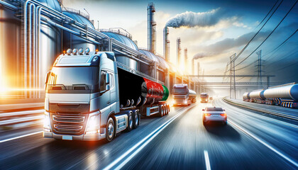 Naklejka premium Modern tanker trucks, one showcasing the Afghanistan flag, journey from a refinery, signifying fuel distribution.