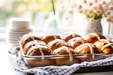 A Tray Overflowing with Sweet, Glazed Hot Cross Buns in the Morning Light