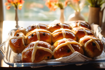 A Tray Overflowing with Sweet, Glazed Hot Cross Buns in the Morning Light