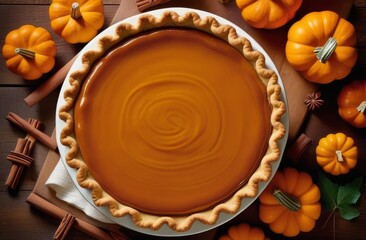 Top view of tasty homemade pumpkin pie on a wooden table