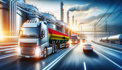 Modern tanker trucks, one showcasing the Ghana flag, journey from a refinery, signifying fuel distribution.