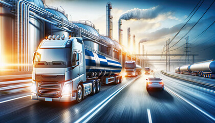 Modern tanker trucks, one showcasing the Greece flag, journey from a refinery, signifying fuel distribution.