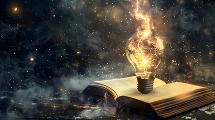 A Glowing Lightbulb on an Open Book With a Starry Night Background