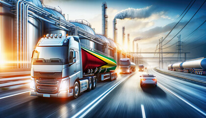 Fototapeta premium Modern tanker trucks, one showcasing the Guyana flag, journey from a refinery, signifying fuel distribution.