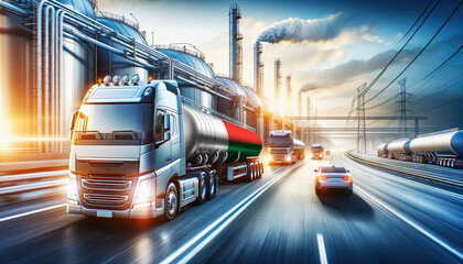 Fototapeta premium Modern tanker trucks, one showcasing the Madagascar flag, journey from a refinery, signifying fuel distribution.