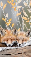Fototapeta premium Two red foxes curled up together, sleeping soundly on a bed of dirt and leaves