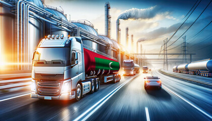 Modern tanker trucks, one showcasing the Maldive flag, journey from a refinery, signifying fuel distribution.