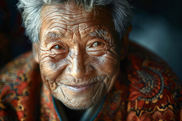 Close-up portrait of a senior man of Asian descent, studio photo, against a sleek gray studio backdrop
