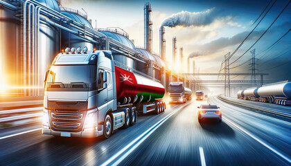 Modern tanker trucks, one showcasing the Oman flag, journey from a refinery, signifying fuel distribution.