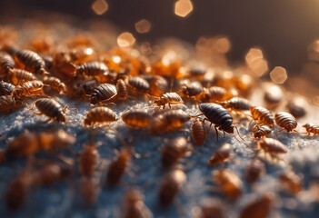 Close-up with many bed bugs, bed bug infestation