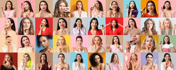 Big collection of attractive young women with lipsticks on color background