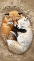 Two red foxes curled up together, sleeping soundly on a bed of dirt and leaves