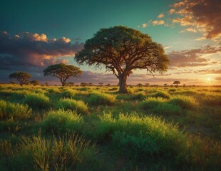 Fototapeta premium Nature landscape with trees and green grass