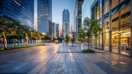 Illuminated modern business district with skyscrapers and tree-lined streets at dusk. Perfect for showcasing corporate environment and urban planning concepts