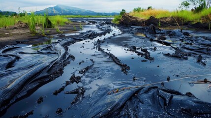 Obraz premium Extensive oil spill contaminating a wetland area, with thick black oil spreading across the landscape, affecting water and vegetation. Hills visible in the background
