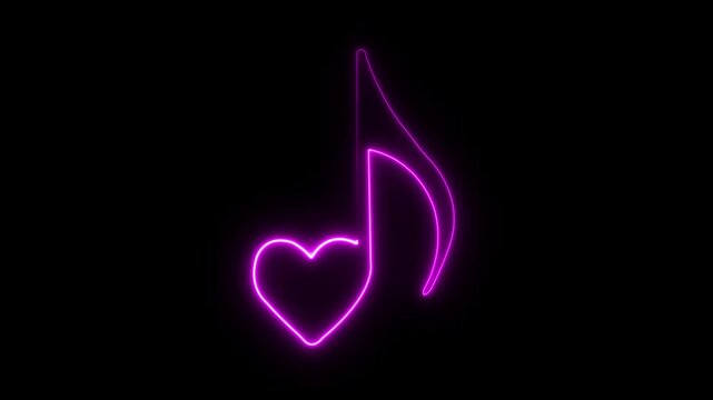 Neon music sheet. Line art. Musical symbols. Isolated on black background. Neon lines. Glowing music icons. Treble Clef. Music note. Musical notes. Music love. Melody, classical, sound design. Heart.

