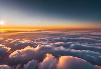 Fototapeta premium Sunrise seen above the clouds, above the cloud ceiling