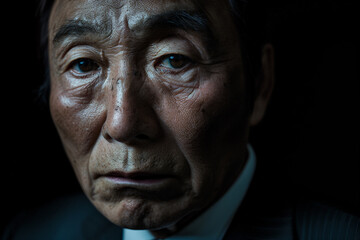 Fototapeta premium Close-up portrait of a senior man of Asian descent, studio photo, against a sleek gray studio backdrop