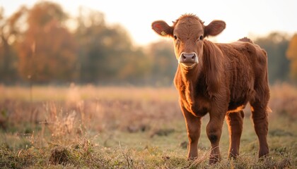 A brown cow stands in an open field bathed in the warm glow of a setting sun; peaceful rural scene