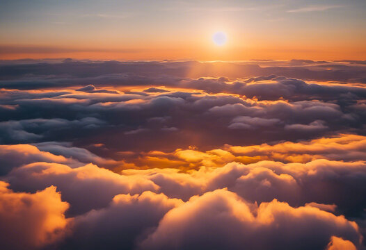 Sunrise seen above the clouds, above the cloud ceiling