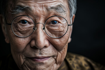 Close-up portrait of a senior man of Asian descent, studio photo, against a sleek gray studio backdrop