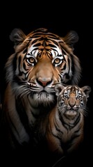 Fototapeta premium A tiger and its cub walk across a black studio background. The adult tiger has a fierce expression, while the cub looks more playful